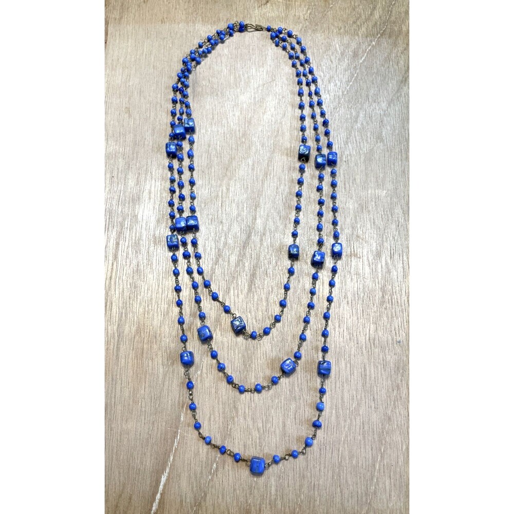 Vintage Art Deco Periwinkle Blue Slag Glass Bead Necklace 1920s